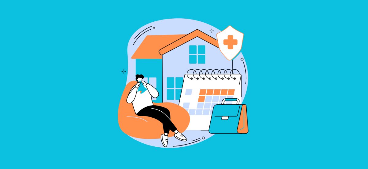 Illustration d'un personnage malade en train de se moucher devant une maison et un calendrier