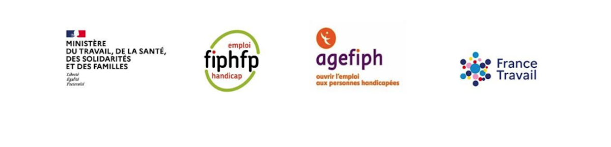 visuel montrant de gauche à droite le logo de la DEETS, du FIPHFP, de l'Agefiph et de France Travail
