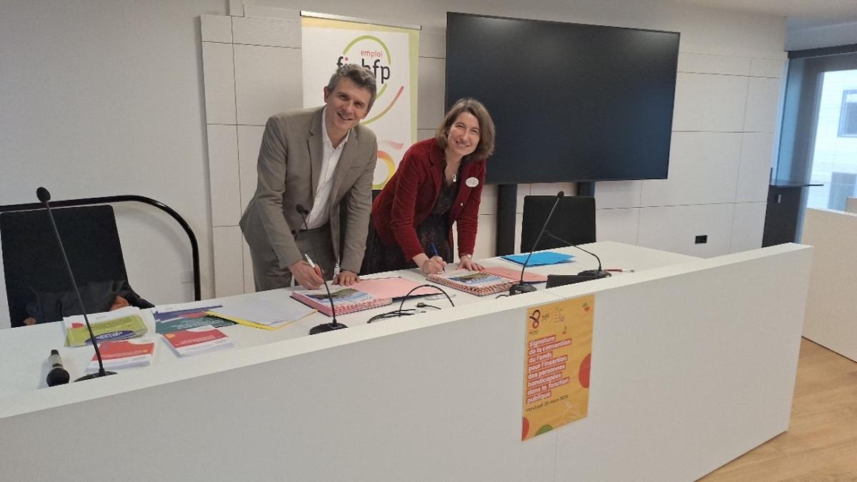 Arnaud Laimé, président de l'Université Paris 8, et Marine Neuville, directrice du FIPHFP