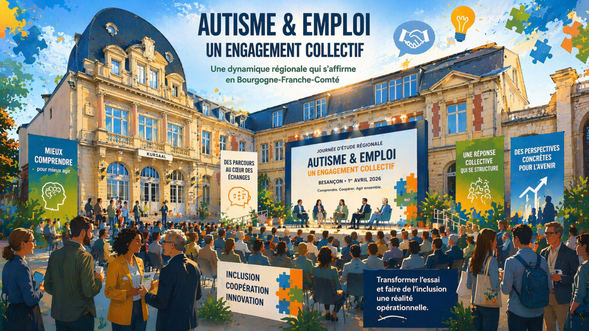 Illustration générée par IA montrant une conférence avec le titre Autisme et emploi, un engagement collectif