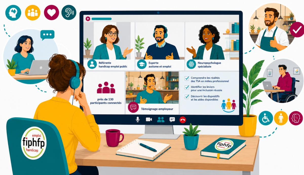 Illustration réalisée par IA montrant une personne du FIPHFP devant un webinaire