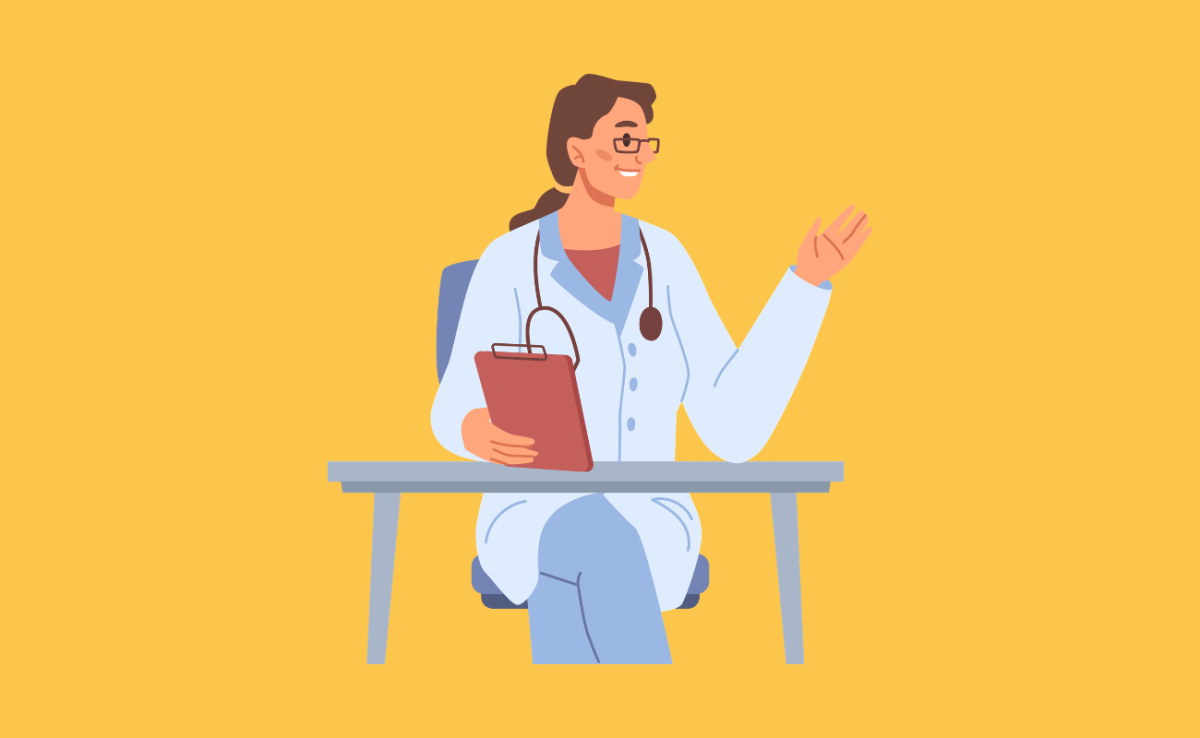 Femme médecin derrièr son bureau avec son stéthoscope autour du cou et un calepin à la main