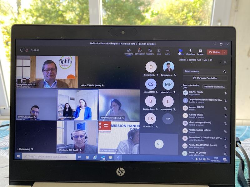 Capture d'écran du webinaire sur le Baromètre Emploi & Handicap organisé le 13 avril par le FIPHFP