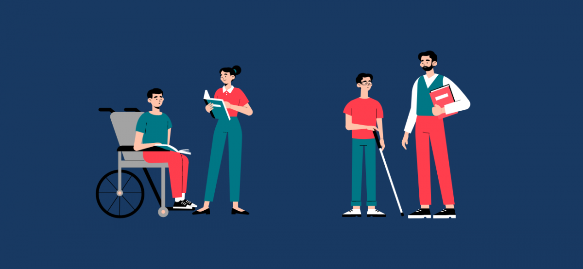 Illustration de deux duos d'adultes et de jeunes en situation de handicap