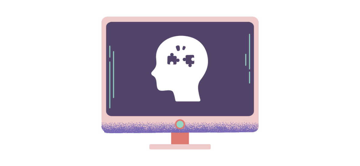 écran d'ordinateur avec une tête dans laquelle ont aperçoit des pièces de puzzle
