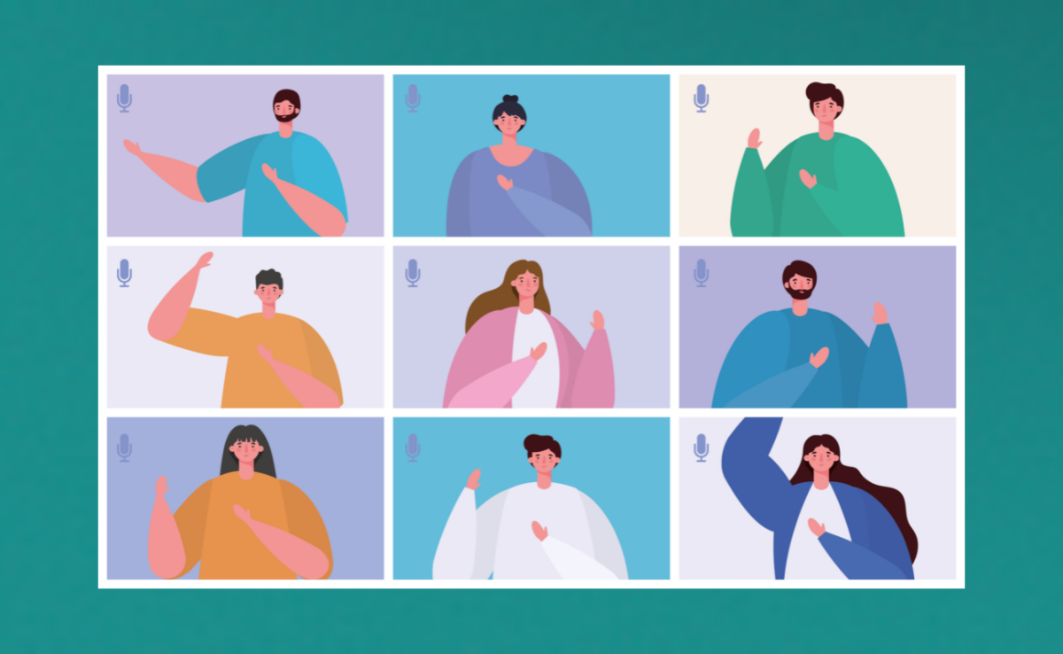 Illustration d'une capture d'écran de webinaire avec des personnages colorés