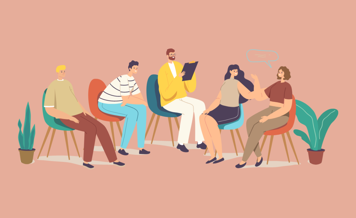 groupe de 5 personnes assises sur des chaises qui échanges et débattent (illustration)