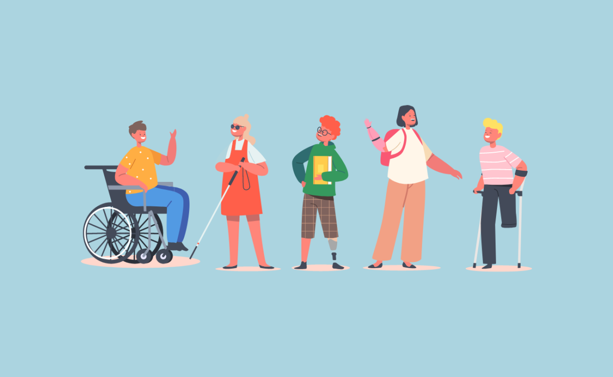 cinq personnages présentant des handicaps différents