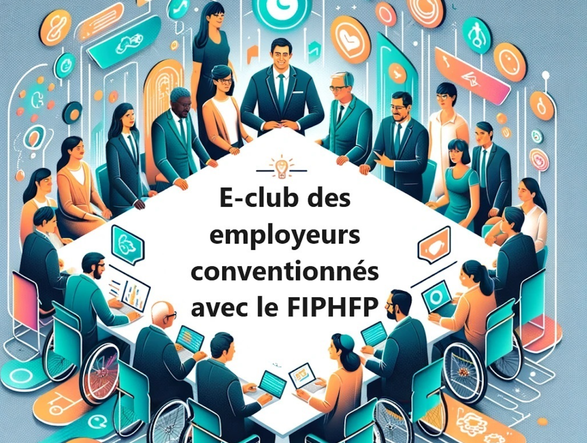 Une vingtaine de personnes sont en réunion autour d'une table carrée où est écrit "E-club des employeurs conventionnés avec le FIPHFP"