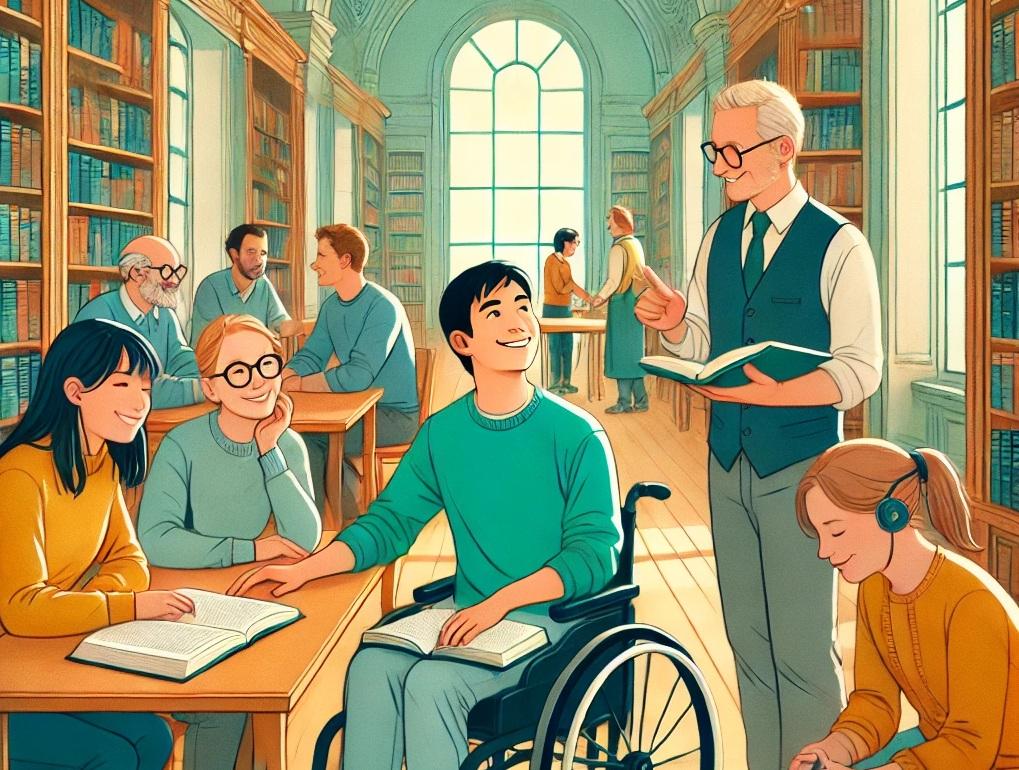 Illustration de jeunes étudiants dans une bibliothèque avec un professeur et, au cente, un étudiant en fauteuil roulant