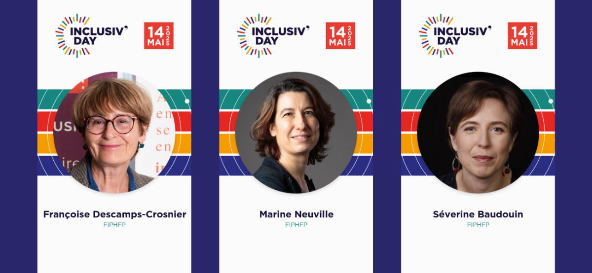Visuels présentant Françoise Descamps-Crosnier, Marine Neuville et Séverine Baudouin, respectivement Présisdente du Comité national, directrice et directrice adjointe du FIPHFP