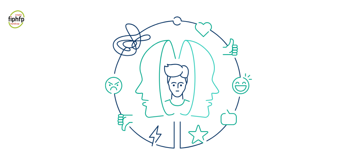 Illustration représentant une tête avec un personnage interrogatig à l'intérieur et une dizaine de petites icones représentant des émotions autour