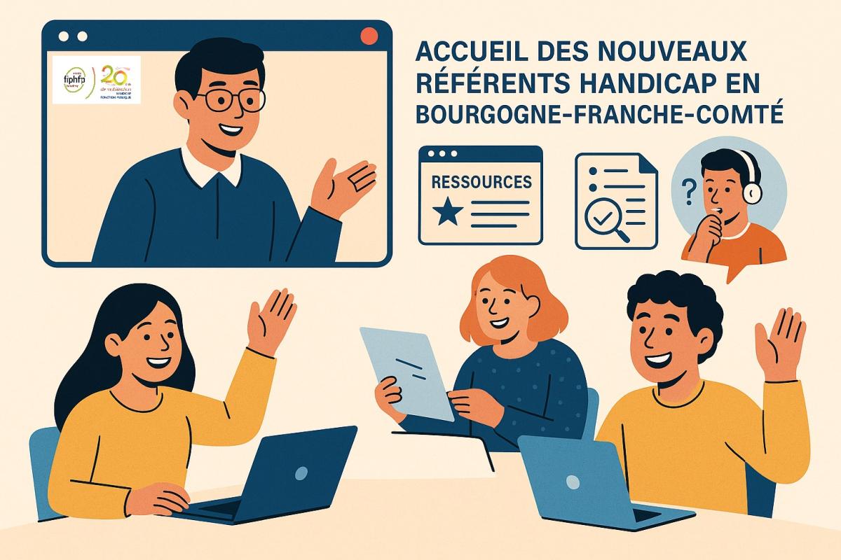 Visuel représentant un webinaire avec la mention Accueil des nouveaux référents handicap en Bourgogne-Franche-Comté