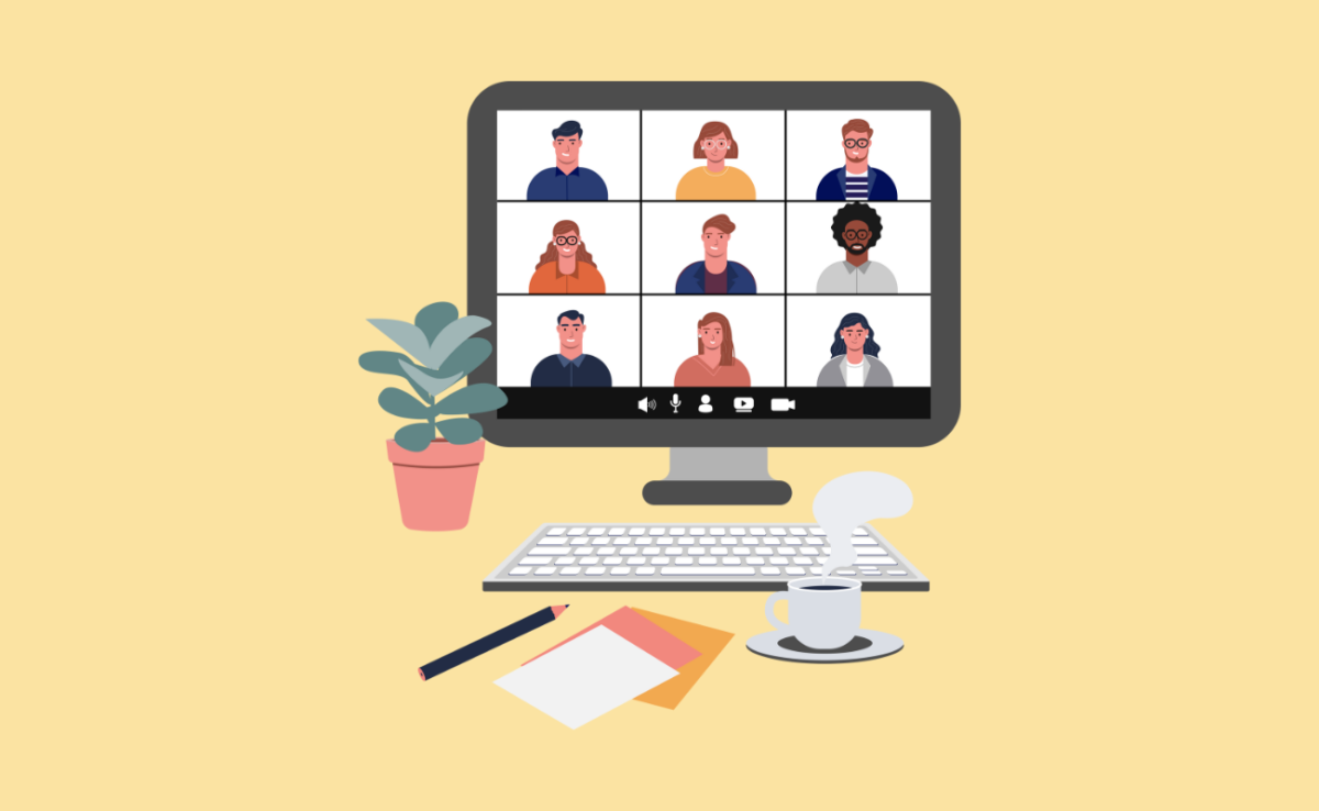 Illustration d'une réunion en visio conférence avec un ordinateur, un clavier, un stylo, des feuilles et un café