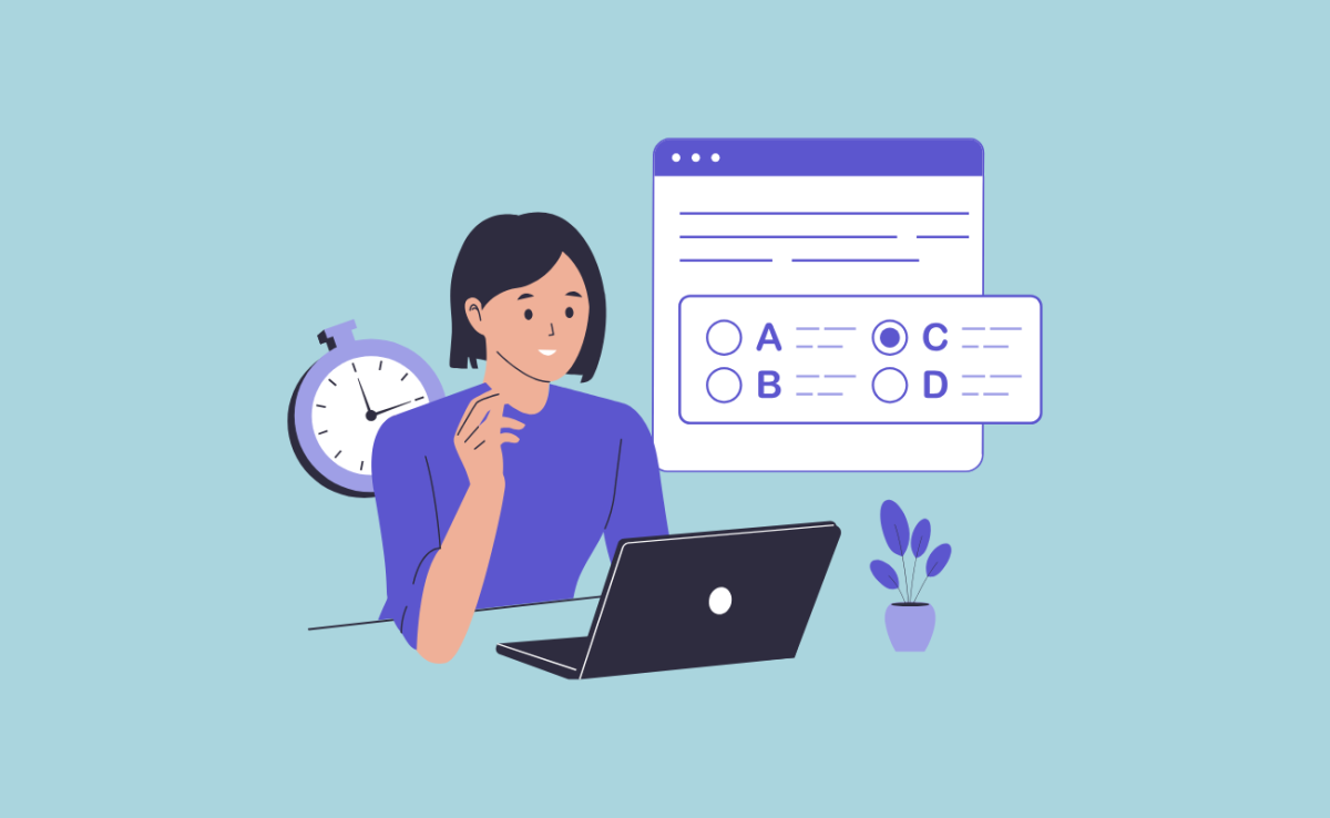 Illustration d'une femme remplissant un questionnaire en ligne