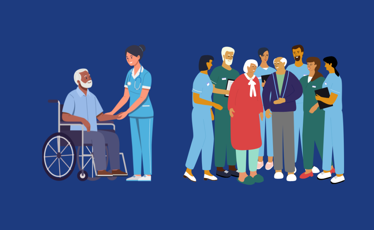 Illustration montrant des personnels hospitaliers accompagnant des patients