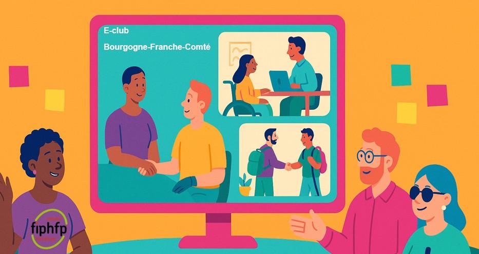 illustration présentant des personnes qui échangent ensemble sur un fond coloré avec la mention Eclub Bourgogne Franche-Comté