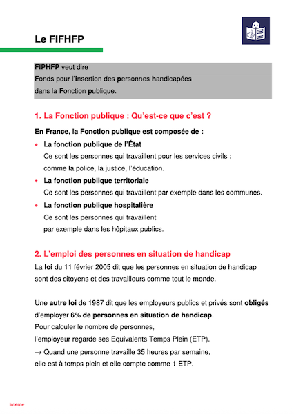 Capture d'écran de la 1ère page de la transcription en FALC de la plaquette institutinnelle du FIPHFP