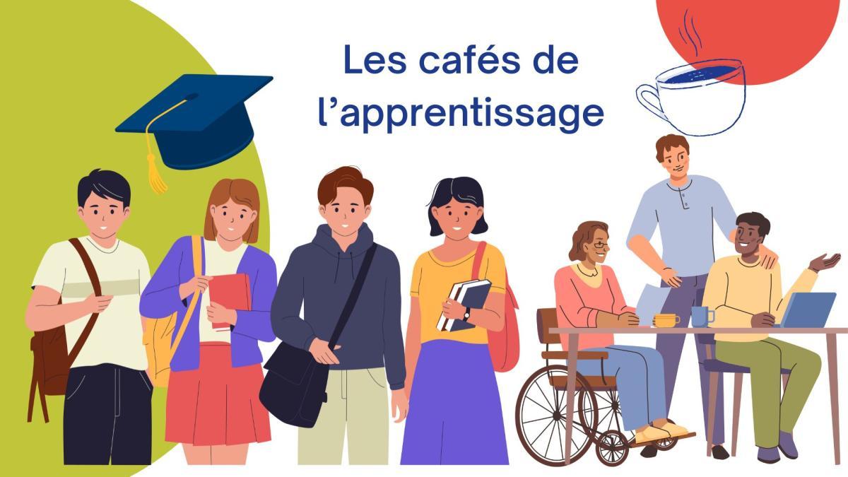 Image présentant des étudiants, une personne en fauteuil roulant et deux autres personnes en train de travailler avec des ordinateurs portables 