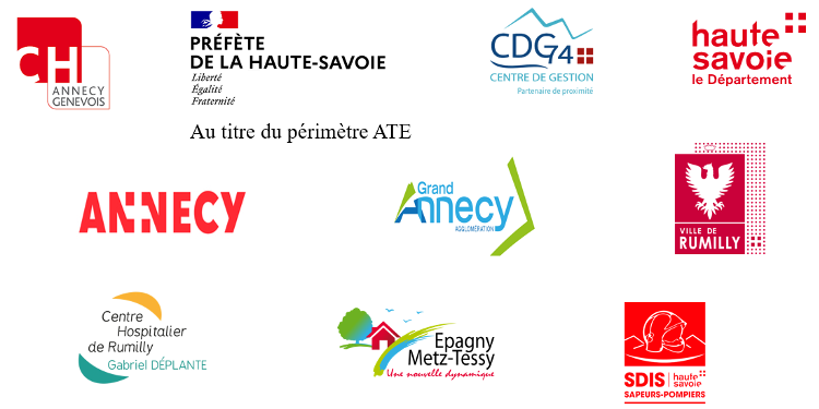 logos des structures signataires de la convention : Centre hospitaler Annecy Genevois, Préfète de la Haute-Savoie au titre du périmètre ATE, CDG74, Département de la Haute-Savoie, Ville d'Annecy, Grand Annecy, Ville de Rumilly, centre hospitalier de rumilly, Ville d'Epagny-Metz-Tessy, SDIS 74